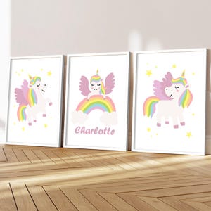 Juego de 3 impresiones de pared de unicornios para habitación de bebé, arte de pared de unicornio arcoíris, decoración personalizada para niña con impresiones de arcoíris, impresiones sin marco, tamaño A5, A4, A3
