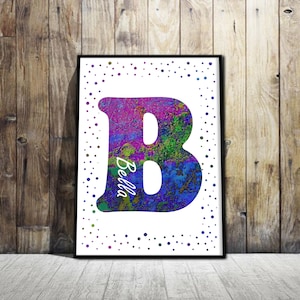 Impresión individual moderna con inicial y nombre, decoración para dormitorio de adolescente, arte mural infantil personalizado, sin marco, tamaño A5, A4, A3, impresión con nombre de niña en morado.