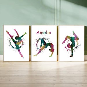 Stampe di ginnastica per la camera da letto delle ragazze, set di 3 stampe personalizzate di ballerine di ginnastica, arredamento per la camera da letto delle ragazze adolescenti, regalo per ragazza ginnasta
