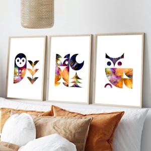 Set di 3 stampe di gufi, arte geometrica di gufi, poster di gufi astratti scandinavi, stampe da parete per camerette, decorazioni alla moda per camerette di adolescenti, uccelli geometrici