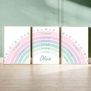 Set personalizzato di 3 stampe arcobaleno, decorazione per la camera da letto delle bambine con affermazione positiva, cameretta per bambine con arcobaleno pastello, cameretta per bambine rosa e verde acqua