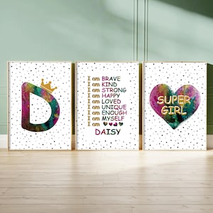 Set di 3 stampe da parete con affermazioni positive per bambini, decorazione per camera da letto per ragazze adolescenti, stampa con affermazioni per ragazze, stampa da parete positiva con nome personalizzato