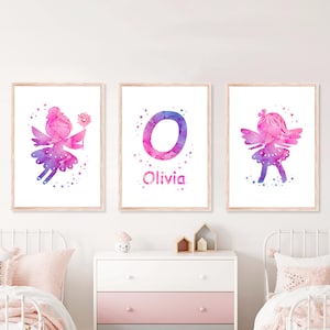 Watercolour Fairy Prints, Set of 3 Personalised Nursery Fairy Wall Art, Baby Girl Wall Prints, Girls Bedroom Decor, Pink Fairy Wall Decor