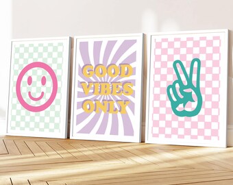 Set of 3 Funky Girls Room Prints: Positive Quotes, Happy Face, Peace Sign, Unframed