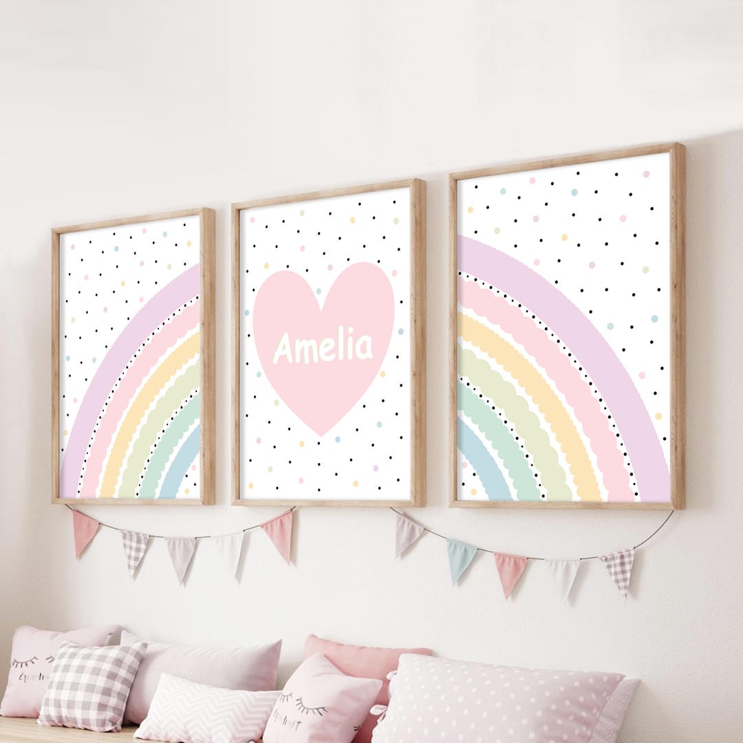 Pastel Rainbow Nursery Prints Set, Personalised Baby Name Wall Art - Etsy