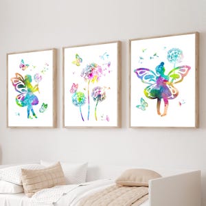 Stampe di fate per la cameretta dei bambini, set di 3 immagini di fate ad acquerello, stampe di denti di leone, stampe per la cameretta delle bambine, decorazioni per la cameretta delle fate magiche