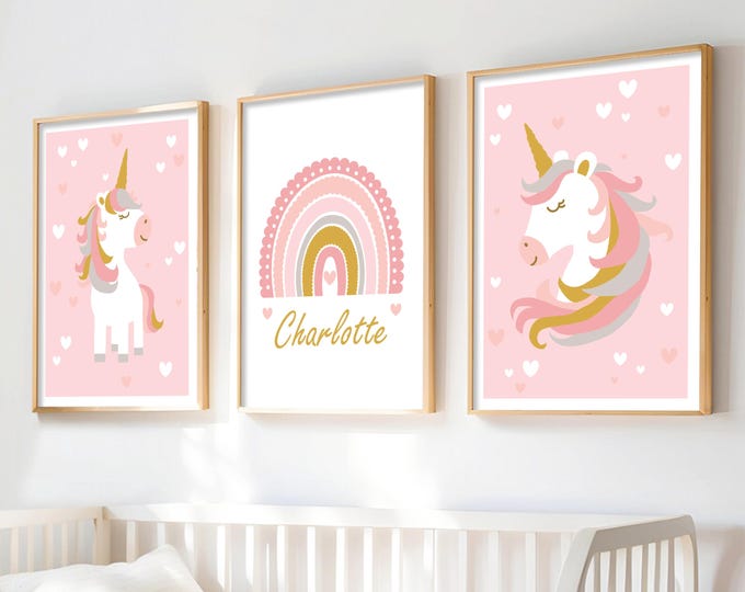 Personalized Unicorn Nursery Prints: Set of 3 Rainbow Wall Art