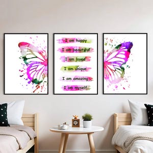 Set di 3 stampe di farfalle rosa con affermazione positiva, decorazione per la camera da letto delle ragazze, farfalla per la camera da letto delle ragazze adolescenti, arte motivazionale con farfalle rosa