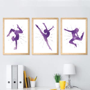 Set di 3 stampe di ginnastica viola, regalo per ragazze ginnaste, stampe positive di ginnastica per ragazze adolescenti, decorazioni per la cameretta di ragazze viola, ginnastica