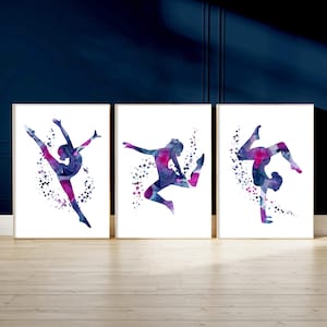 Set di 3 poster di ginnastica viola e blu, regalo per ragazze ginnaste, stampe di ginnastica per ragazze adolescenti, decorazioni per la cameretta di ragazze viola, ginnastica