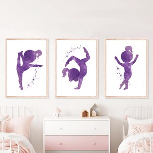 Stampe per bambini viola, set di 3 piccole immagini di ballerine, arte murale per bambine, ballerina per bambine, poster di ginnastica per bambini piccoli, cameretta per bambine viola