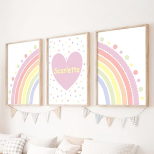 Juego de 3 impresiones de pared de arcoíris pastel para habitación de bebé, impresión de nombre de niña, arte de pared de arcoíris rosa para habitación de bebé, decoración personalizada para habitación de bebé, tamaño A5, A4, A3