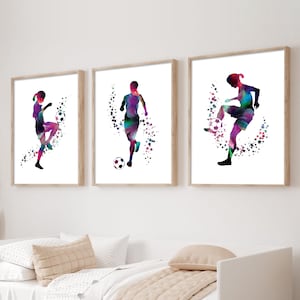 Set di 3 stampe di ragazze calciatrici, arte murale di ragazze calciatrici, regali di calcio per ragazze, calciatrice, arte di giocatrici di calcio per ragazze, ragazza calciatrice adolescente