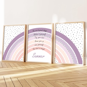 Set di 3 stampe arcobaleno pastello, decorazioni per affermazioni per ragazze, decorazioni murali lilla per la cameretta dei bambini, citazioni positive per la camera delle ragazze, poster personalizzato per ragazze