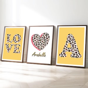 Stampe a forma di cuore, set di 3 stampe per la camera da letto di ragazze adolescenti, stampa da parete con motivo leopardato, stampa iniziale e nome per bambini, stampa di affermazioni positive per ragazze