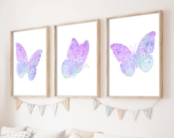 Lila Schmetterlinge Prints: 3er Set Pastell Aquarell Kunstdrucke