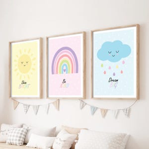 Set di 3 stampe artistiche da parete per bambini Sunshine, vivaio pastello, nuvole e arcobaleno di sole, stampe di affermazioni per bambini, stampe artistiche da parete per bambini pastello