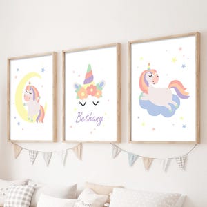Juego de 3 impresiones de unicornios pastel para la habitación de tu bebé, decoración de unicornios arcoíris, láminas personalizadas para dormitorio de niña, sin marco, tamaño A5, A4, A3, luna y estrellas.