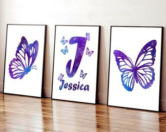 Estampas personalizadas de borboletas roxas: conjunto de arte de parede para quarto de menina