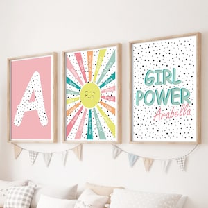 Set di 3 stampe da parete Sunshine Rainbow, decorazioni per la cameretta dei bambini rosa personalizzate, stampe per bambini arcobaleno, stampe per la camera delle bambine, affermazioni positive per bambine
