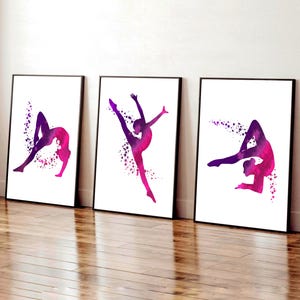 Set di 3 poster rosa e viola di ragazze ginnaste, regalo per ragazze ginnaste, arte murale positiva per ragazze adolescenti, decorazione per ragazze preadolescenti