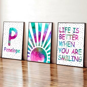 Set di 3 stampe con affermazioni rosa e verde acqua, decorazione per la camera da letto delle bambine, la vita è migliore quando sorridi, stampe positive per ragazze, affermazioni per bambini