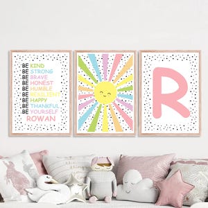 Set di 3 stampe personalizzate per la camera da letto delle bambine, decorazioni per la cameretta dei bambini arcobaleno, stampe di affermazioni per bambini, stampe murali con sole, stampe murali con citazioni positive