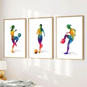 Set di 3 stampe di ragazza calciatrice, arte murale di ragazza calciatrice, regali di calcio per ragazze, calciatrice donna, arte di giocatrice di calcio per ragazze, ragazza calciatrice adolescente