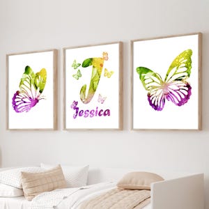 Stampe da parete con farfalle viola e verdi, set di 3 poster personalizzati con farfalle, decorazione per camera da letto per ragazze adolescenti, stampe da parete per camerette viola