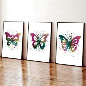 Set di 3 stampe da parete con farfalle, decorazioni moderne per la camera da letto delle ragazze, stampe con farfalle rosa e verdi, decorazioni da parete per la camera delle ragazze adolescenti, farfalle artistiche