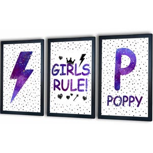 Stampe "Girls Rule" viola con nome personalizzato, decorazioni per la camera da letto delle ragazze, camera da letto per ragazze adolescenti viola, poster "Girls Rule", stampe "Girl Positive" viola