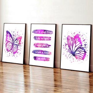 Stampe con affermazioni per ragazze, set di 3 stampe con farfalle rosa, citazioni positive, decorazioni per la camera da letto delle ragazze, cameretta viola per ragazze adolescenti, affermazione "Io sono"