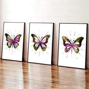 Set di 3 stampe con farfalle colorate, stampe moderne per la camera da letto delle ragazze, farfalle luminose, decorazioni per la camera da letto delle ragazze adolescenti, set di decorazioni da parete con farfalle