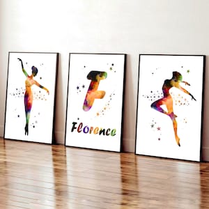 Set di 3 stampe su carta con ballerina, decorazioni personalizzate per la camera da letto di una bambina, nome personalizzato per ballerina, regali di danza classica, stampe per la camera da letto di una bambina adolescente