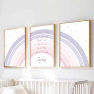 Arte murale per la cameretta dei bambini con arcobaleno pastello, set di 3 stampe di affermazioni per bambine, stampa del nome del bambino, decorazione per la camera da letto delle bambine, stampe per la camera delle bambine con citazioni positive