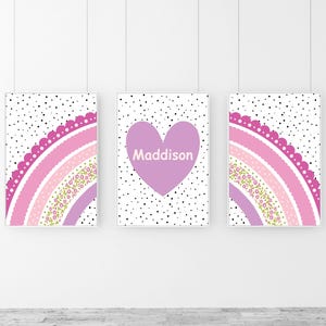 Set di 3 stampe da parete arcobaleno rosa, stampe per cameretta lilla, nome bambina, cameretta arcobaleno, decorazioni per cameretta bambine viola, arte floreale per cameretta
