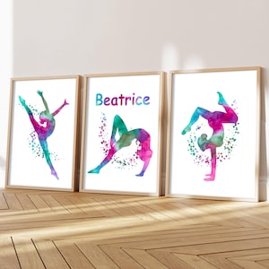Ensemble personnalisé de 3 impressions de gymnastique roses et bleu sarcelle, décoration de chambre de filles, décoration de gymnastique, cadeau pour gymnaste, impressions roses de gymnastique