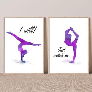 Set motivazionale di 2 stampe di ginnastica per la stanza delle bambine, decorazione per la camera da letto delle bambine viola, regalo per ragazze ginnaste, poster di affermazioni sportive per ragazze