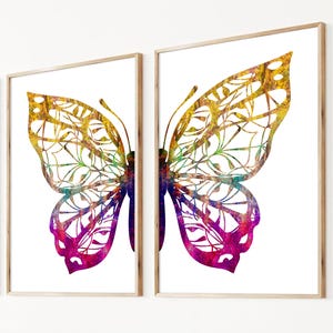 Dipinto astratto di farfalle, set di 2 stampe di farfalle colorate, arredamento moderno per la camera da letto delle ragazze, arte murale rosa per ragazze adolescenti, ali di farfalle