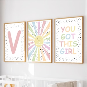 Personalisiertes 3er Set Kinder Affirmation Prints, Pastell Mädchen Schlafzimmer Dekor, Regenbogen Sonnenschein Wanddrucke, Kinderzimmer Wandkunst, You Got This Girl
