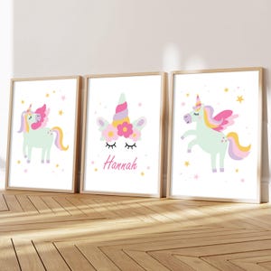 Set di 3 stampe da parete con unicorni, decorazioni personalizzate per la cameretta dei bambini, decorazioni arcobaleno per bambini, senza cornice, formato A5, A4, A3.