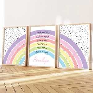 Juego de 3 impresiones de arcoíris para bebés, decoración de dormitorio de niñas, impresiones de arcoíris en colores pastel, carteles positivos para habitación de niñas, impresiones de arte de pared motivacionales para niñas