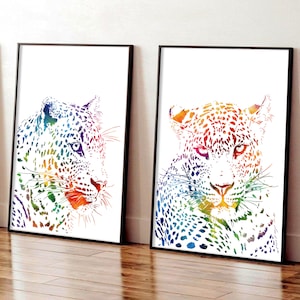 Set di 2 stampe da parete con leopardi, poster con ghepardi, stampe per la camera da letto di adolescenti, decorazioni con animali astratti, stampe moderne con leopardi, regalo per adolescenti