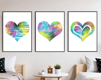 Watercolor Heart Prints: Love Hope Faith, Girls Bedroom Wall Art