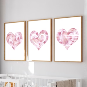 Arte de pared con corazones en color rosa ruborizado para habitación de bebé, decoración de amor para dormitorio de niña, corazones abstractos en color rosa, pósteres de corazones de amor para niña, impresiones de corazones de amor para sobre la cama