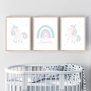 Set di 3 stampe da parete con unicorni per la cameretta dei bambini, stampe personalizzate per la cameretta delle bambine, decorazioni con unicorni pastello, stampe da parete arcobaleno, immagini per la cameretta dei bambini.