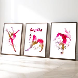 Set personalizzato di 3 stampe murali di ginnastica rosa e oro, decorazione per la camera da letto delle ragazze, decorazione di ginnastica, regalo per ginnasta, stampe di ginnastica rosa