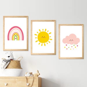 Juego de 3 impresiones de pared con temática de sol, nubes y arcoíris, decoración rosa para cuarto de bebé, impresiones brillantes para dormitorio de niña.