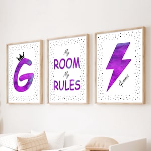 Stampe My Room My Rules, decorazioni per la camera da letto delle ragazze adolescenti, stampe da parete personalizzate, camera per ragazze adolescenti viola, regalo per adolescenti, poster con fulmini rosa