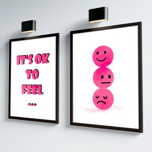 Va bene sentire, set di 2 stampe murali con affermazioni per bambini, poster con faccina felice, poster con faccina triste, decorazioni rosa per la camera da letto di adolescenti, stampe con emozioni
